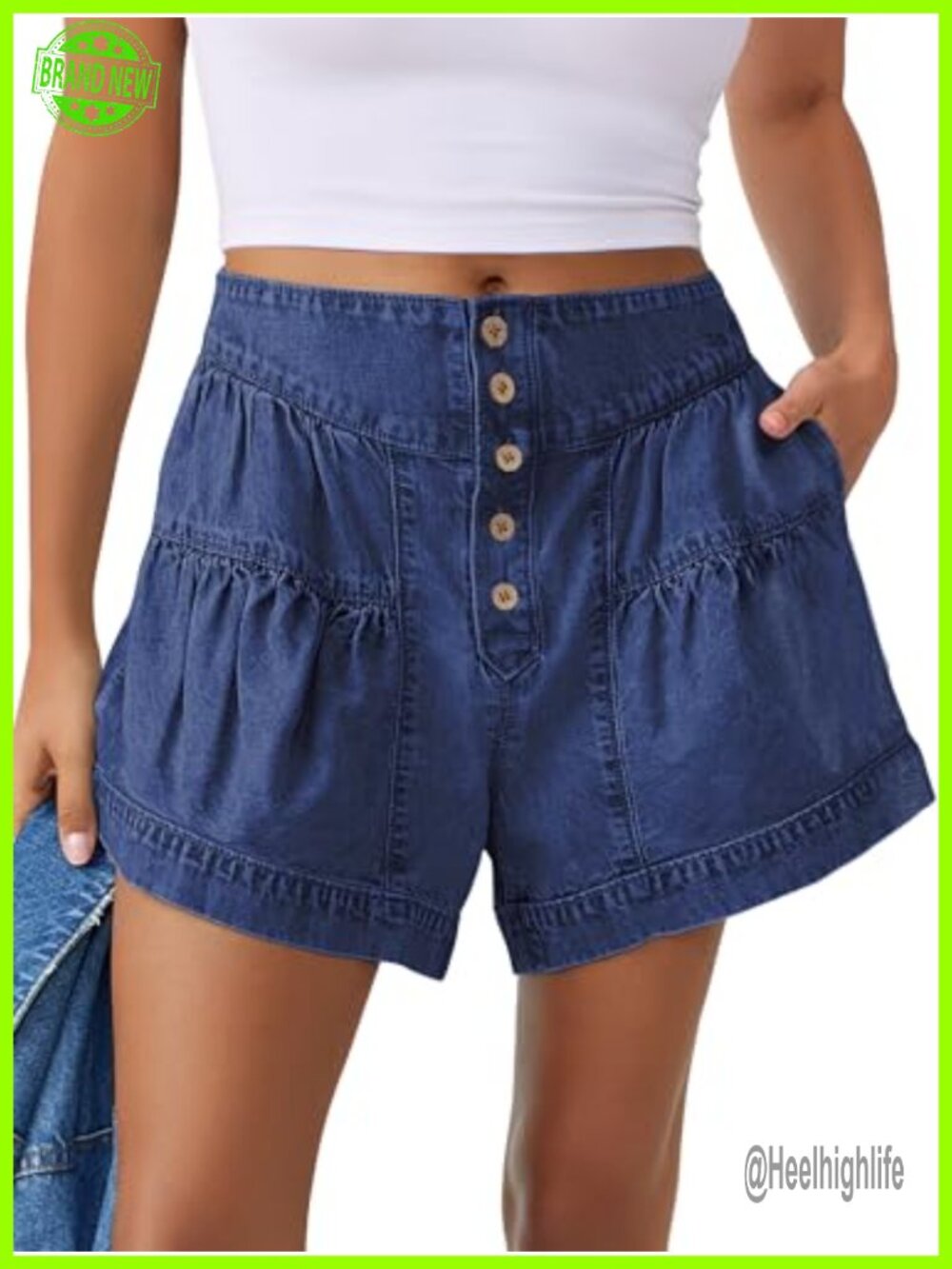 High Waisted Wide Leg Denim Shorts Pleated Buttons Casual Summer Women